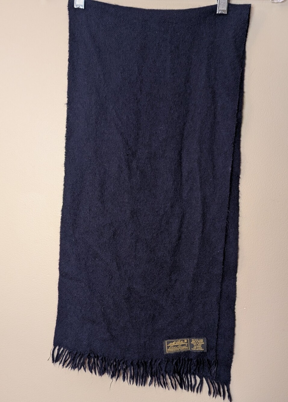 Vintage Eddie Bauer Navy Blue Wool Scarf Fringe Made in USA Winter Unisex